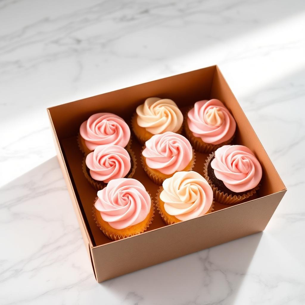 KMM cupcake box with pink and vanilla buttercream cupcakes