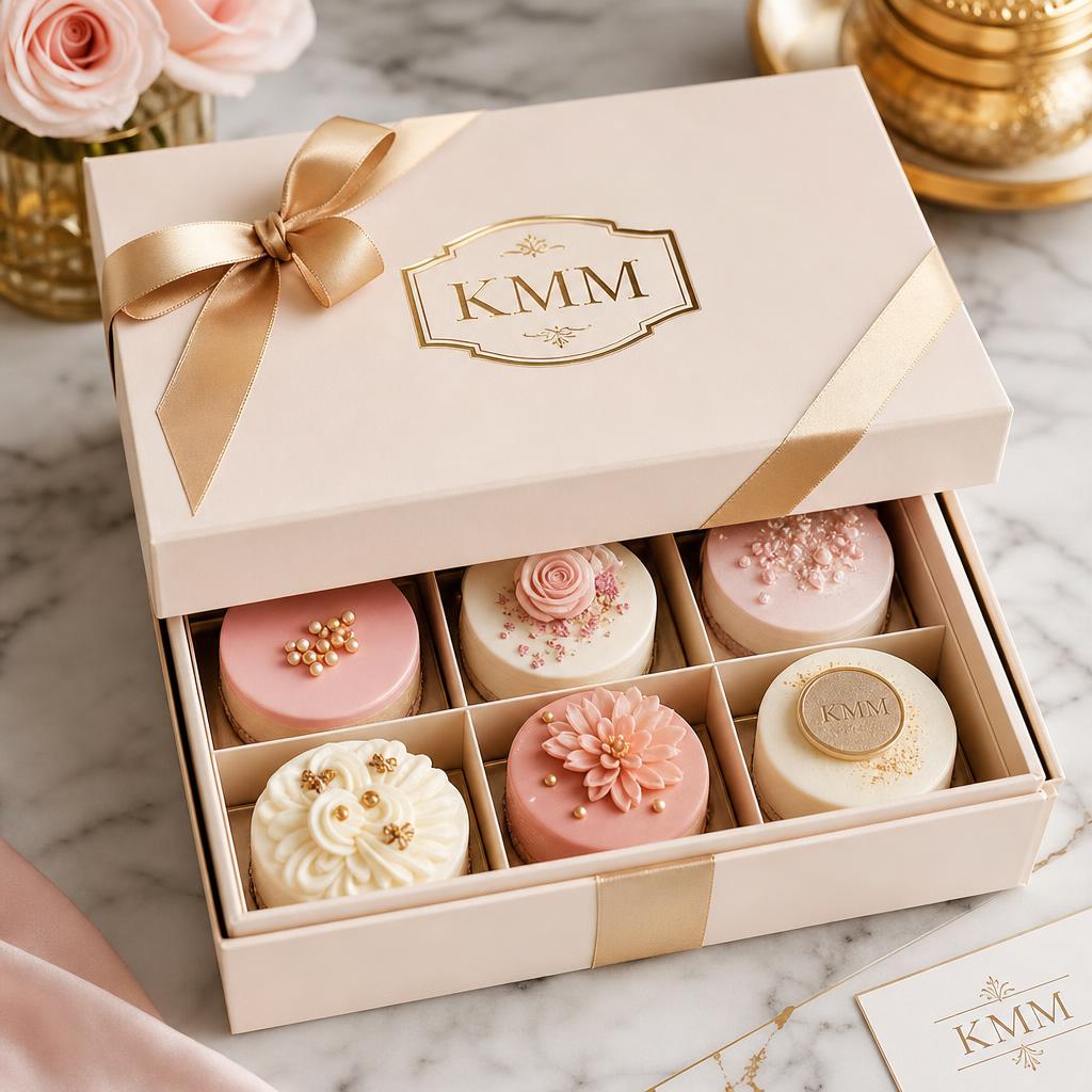 KMM branded gift cake box with gold label beside small iced cakes