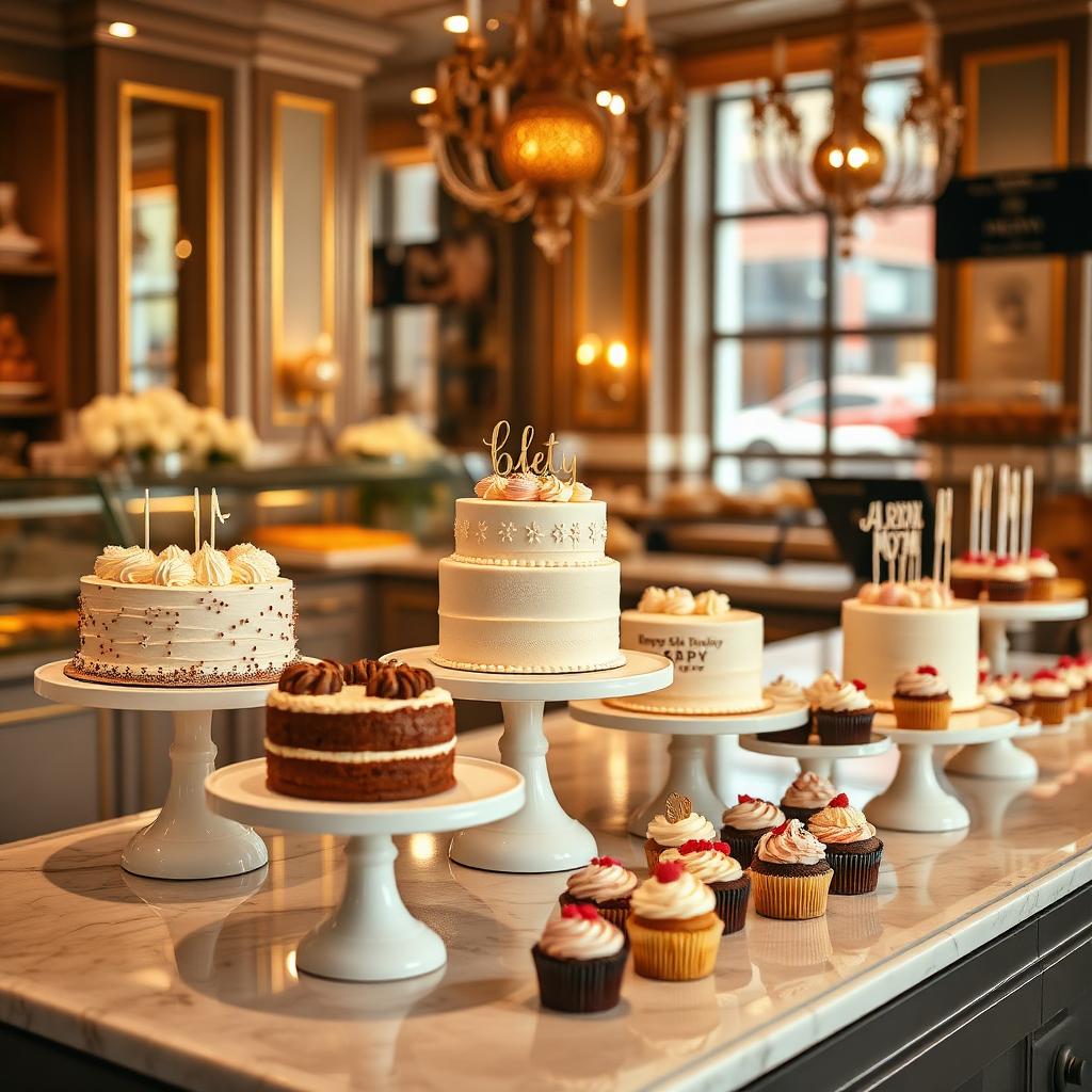 Celebration cakes and cupcakes displayed on cream cake stands