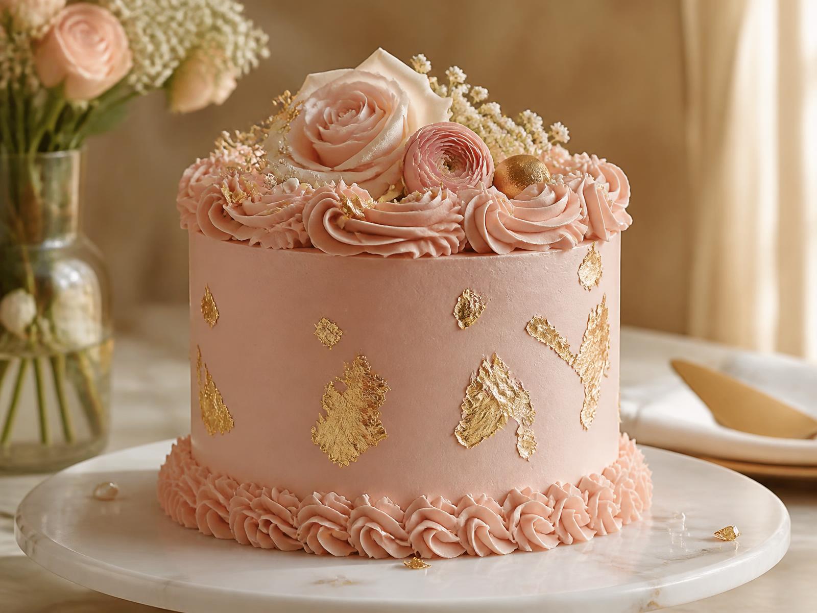KMM blush pink celebration cake with gold leaf detailing